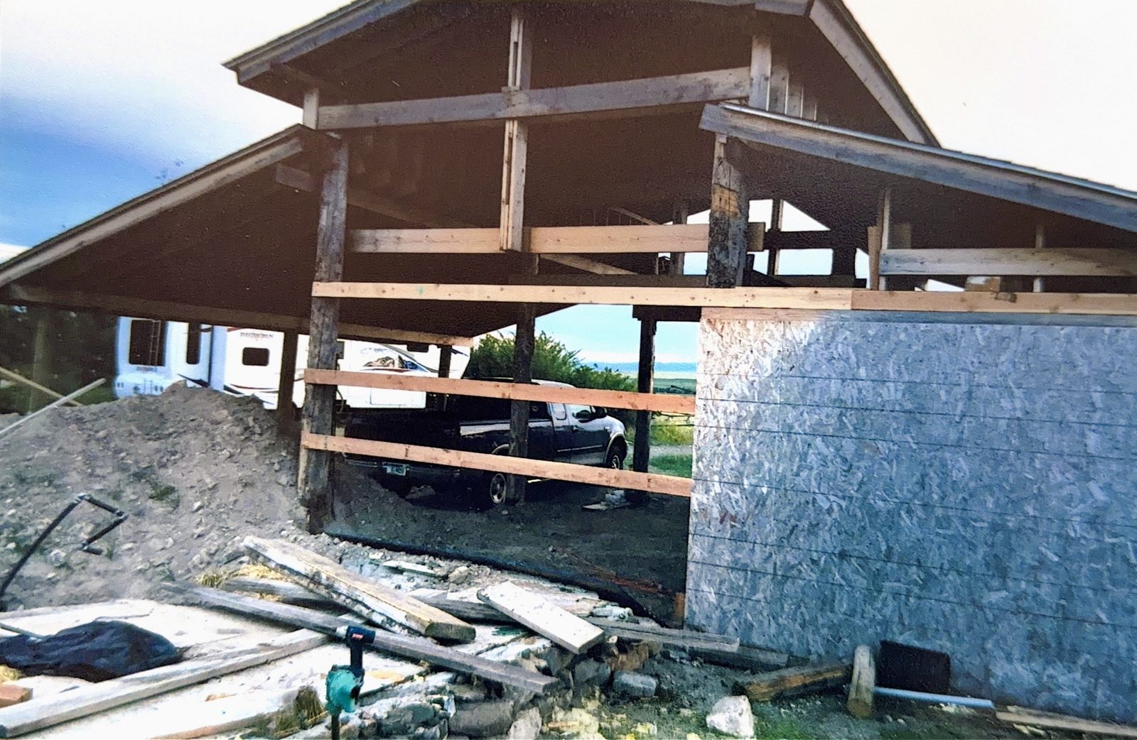The timber frame, tools still out.