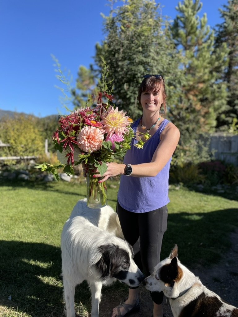 Holding a big garden bouquet of dahlias and amaranth on the farm lawn, with the farm dogs close by